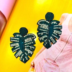 NWT beaded monstera leaf earrings